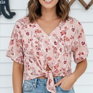 LUQ Pink Floral Tie Hem Top